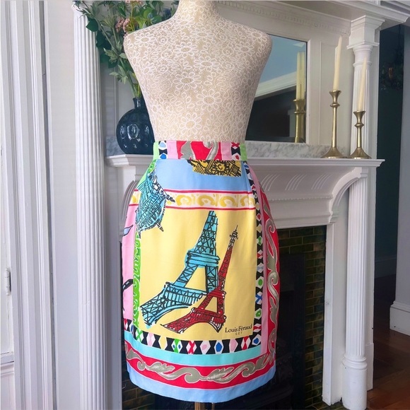 VINTAGE LOUIS FERAUD Silk “Paris Scarf” Print High Waisted Pencil Skirt Size 10 - Picture 1 of 14